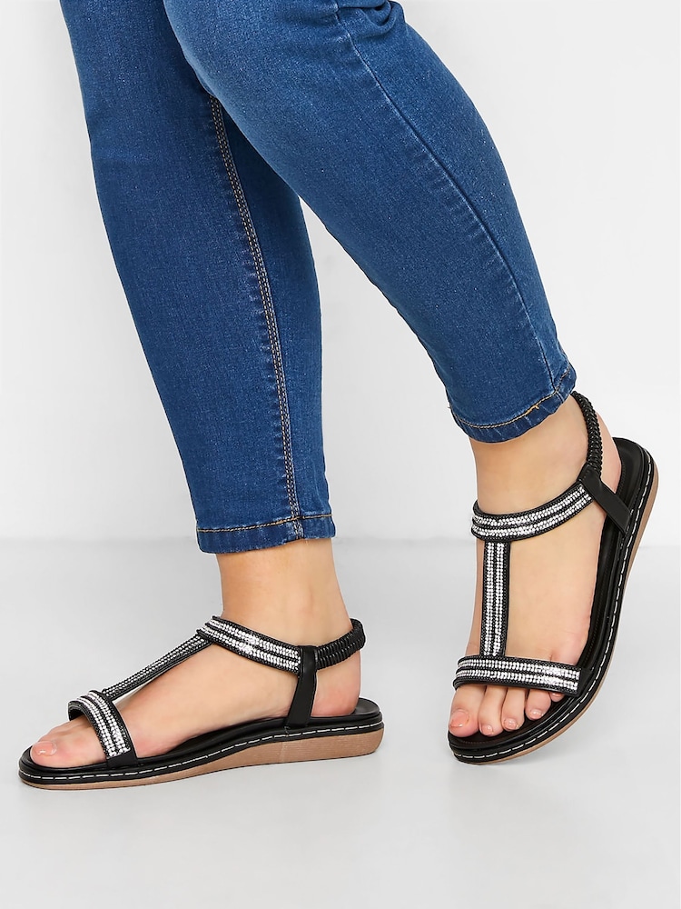 Yours Curve Black Extra Wide Fit Diamante Strap Sandals - Image 1 of 5