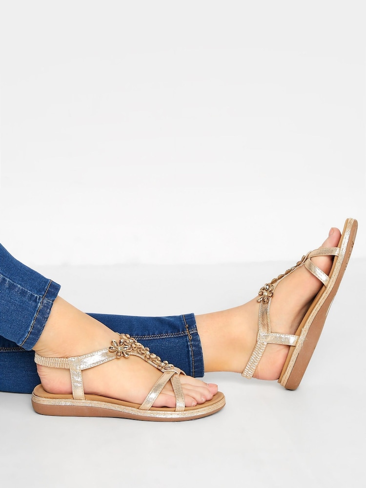 Yours Curve Gold Black Wide Fit Wide Fit Diamante Flower Sandals - Image 1 of 5