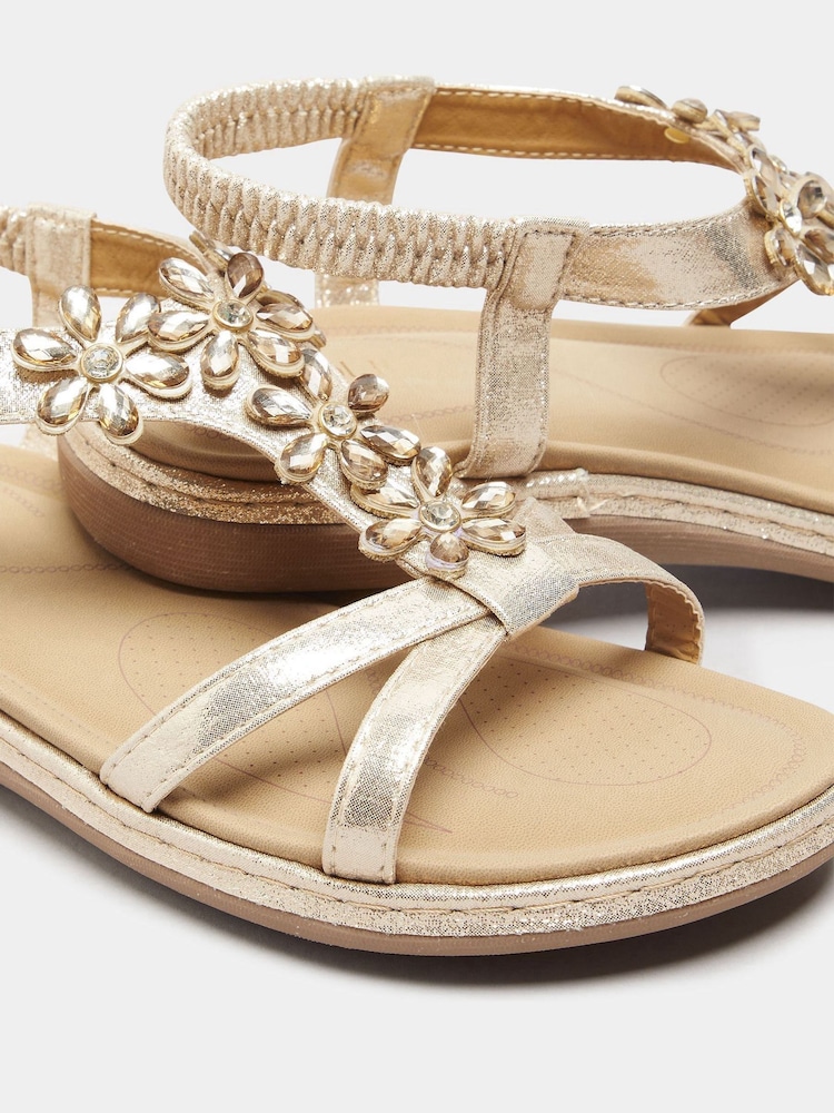 Yours Curve Gold Black Wide Fit Wide Fit Diamante Flower Sandals - Image 5 of 5