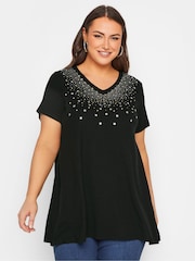 Yours Curve Black Embellished V-Neck T-Shirt - Image 1 of 5