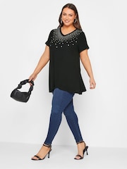 Yours Curve Black Embellished V-Neck T-Shirt - Image 2 of 5
