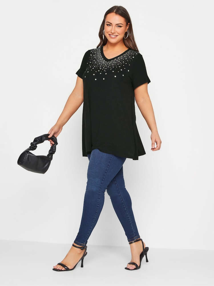 Yours Curve Black Embellished V-Neck T-Shirt - Image 2 of 5