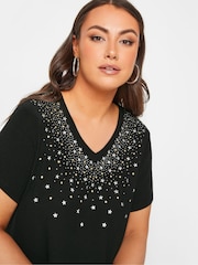 Yours Curve Black Embellished V-Neck T-Shirt - Image 4 of 5