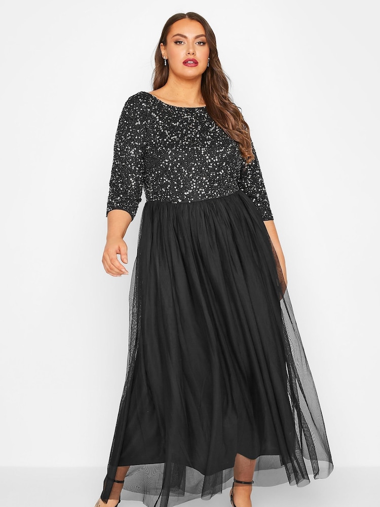 Yours Curve Black Luxe Embellished Long Sleeve Maxi Dress - Image 1 of 5