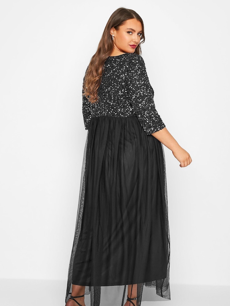 Yours Curve Black Luxe Embellished Long Sleeve Maxi Dress - Image 2 of 5