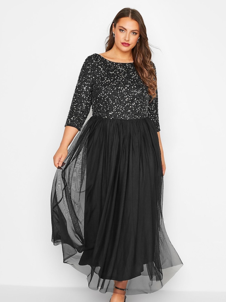 Yours Curve Black Luxe Embellished Long Sleeve Maxi Dress - Image 3 of 5