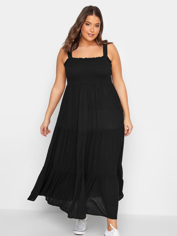 Yours Curve Black Shirred Strappy Sundress - Image 1 of 4 Yours Curve Black Shirred Strappy Sundress - Image 1 of 4