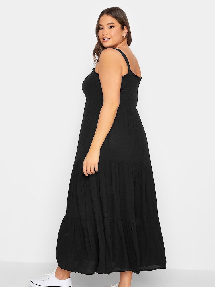 Yours Curve Black Shirred Strappy Sundress - Image 2 of 4 Yours Curve Black Shirred Strappy Sundress - Image 2 of 4