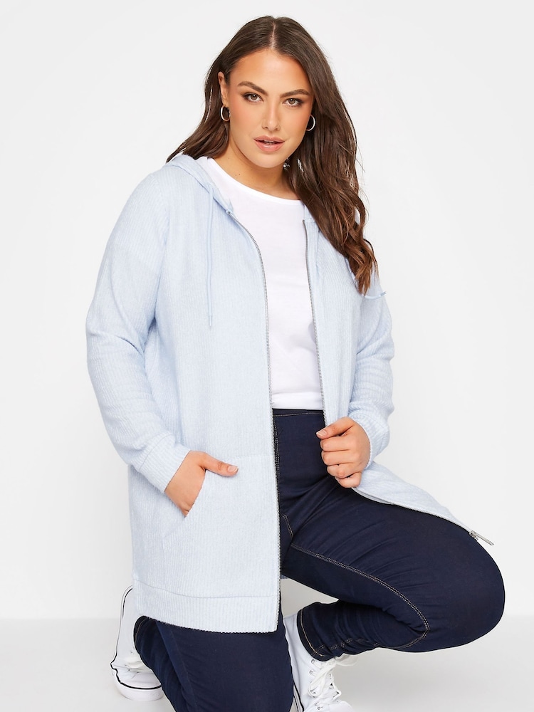 Yours Curve Blue Soft Touch Ribbed Zip Through Hoodie - Image 2 of 4