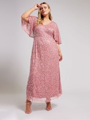 Yours Curve Pink Luxe Embellished V-Neck Angel Sleeve Maxi Dress - Image 1 of 4