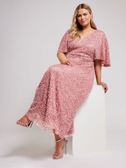 Yours Curve Pink Luxe Embellished V-Neck Angel Sleeve Maxi Dress - Image 3 of 4