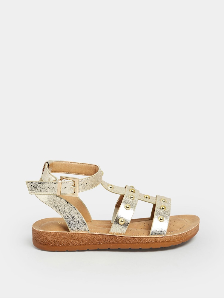 Yours Curve Gold Extra Wide Fit Studded Gladiator Sandals - Image 1 of 4