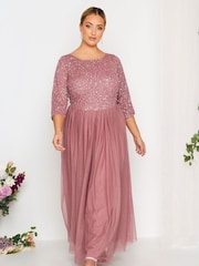 Yours Curve Pink Luxe Embellished Long Sleeve Maxi Dress - Image 1 of 4