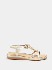 Yours Curve Gold Glitter Extra Wide Fit Floral Diamante Studded Sandals - Image 2 of 6