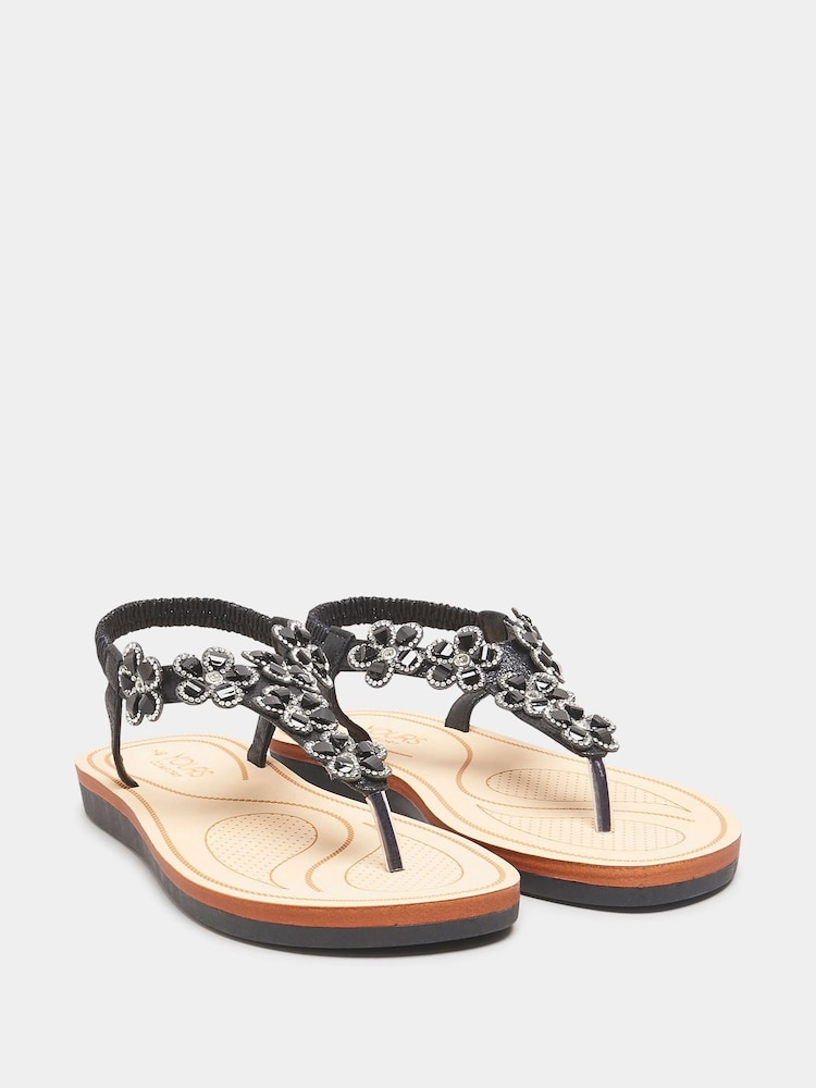 Yours Curve Black Extra Wide Fit Diamante Flower Sandals - Image 2 of 5