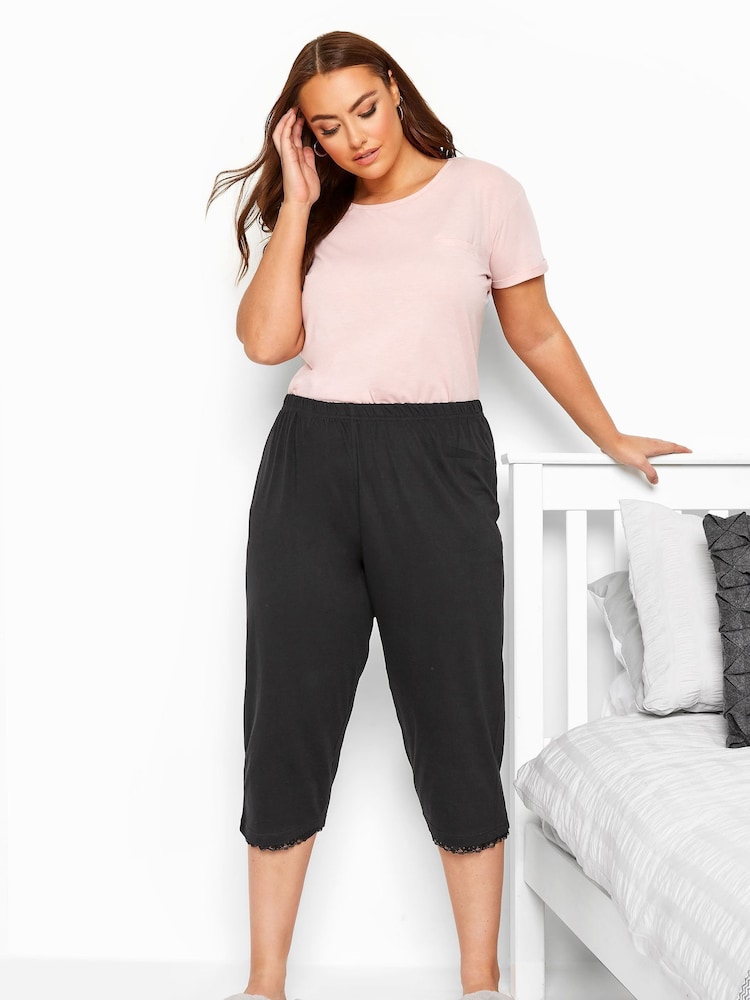 Yours Curve Black Lace Trim Cropped 100% Cotton Pyjamas - Image 2 of 3