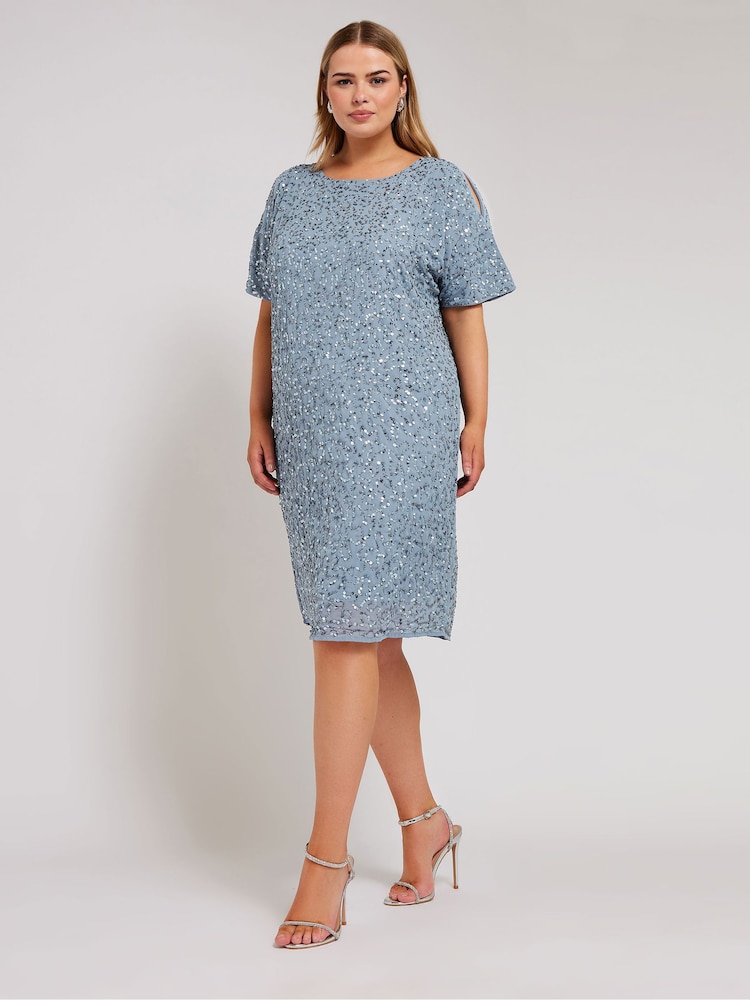 Yours Curve Blue Luxe Embellished Cape Dress - Image 1 of 4