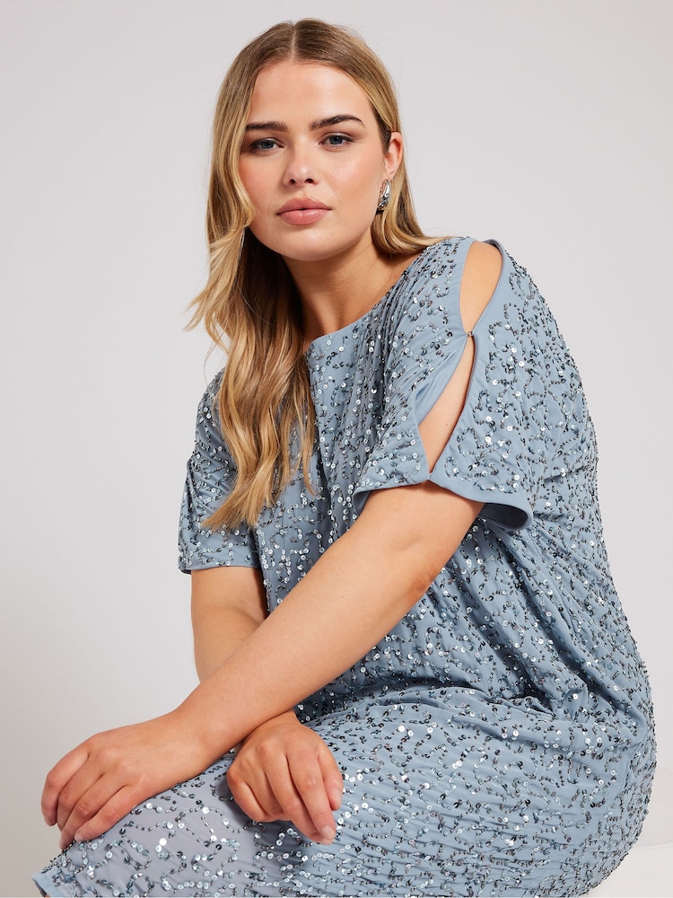 Yours Curve Blue Luxe Embellished Cape Dress - Image 2 of 4
