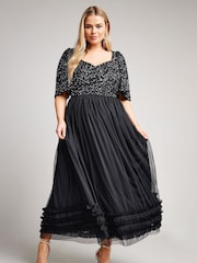 Yours Curve Black Luxe Sequin Ruffle Hem Maxi Dress - Image 1 of 4