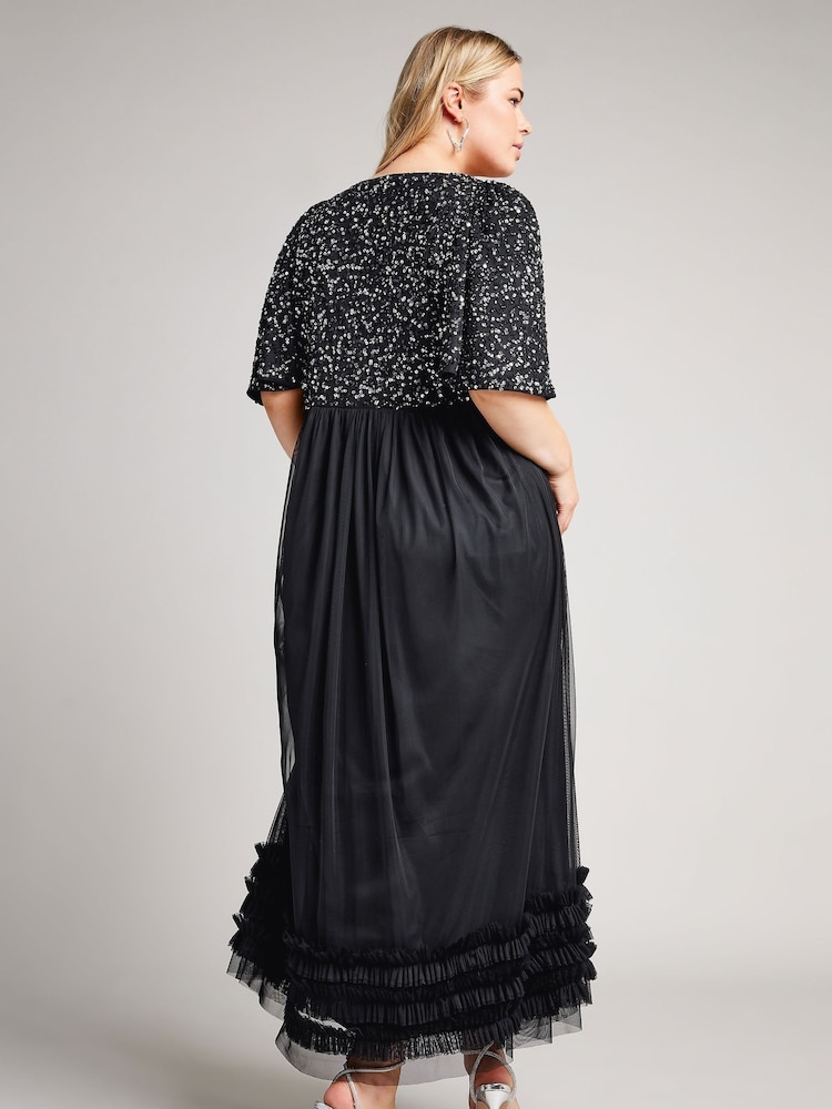 Schwarz - Yours Curve Luxe Maxikleid mit Rüschensaum und Pailletten, Blau - Bild 2 von 4 Schwarz - Yours Curve Luxe Maxikleid mit Rüschensaum und Pailletten, Blau - Bild 2 von 4