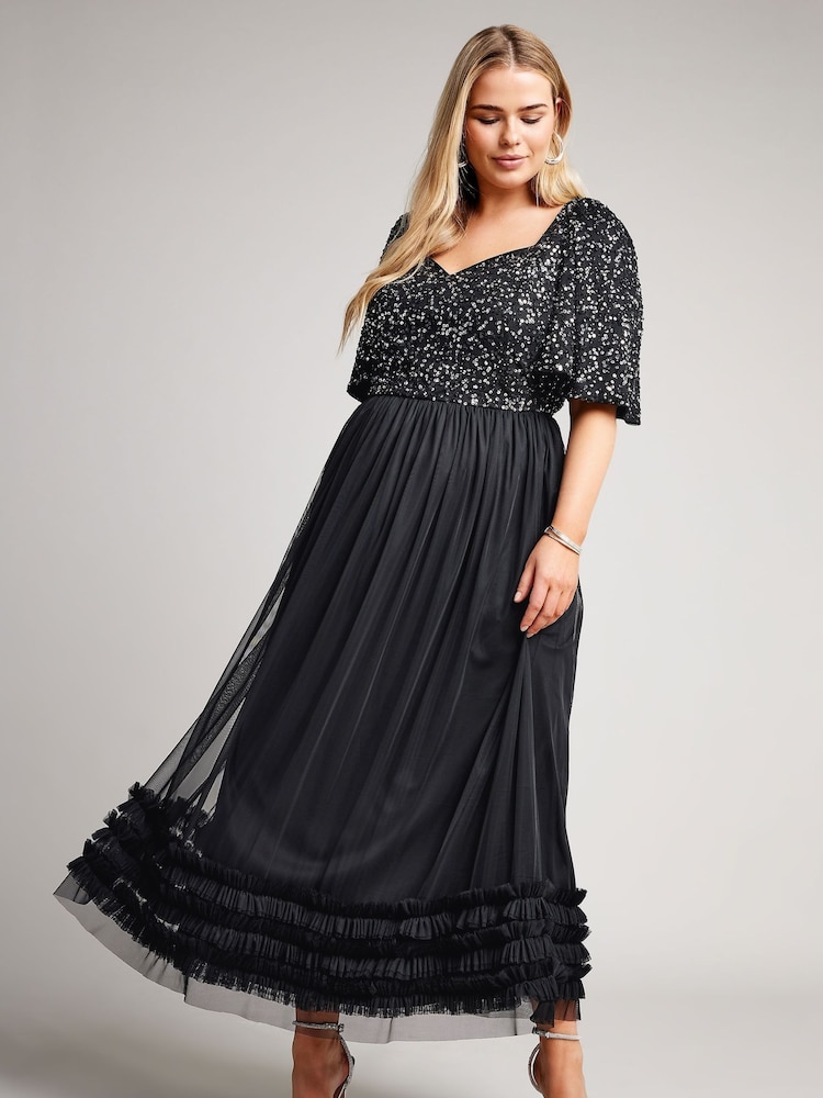 Yours Curve Black Luxe Sequin Ruffle Hem Maxi Dress - Image 4 of 4