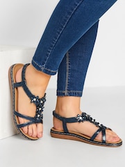 Yours Curve Navy Blue Glitter Extra Wide Fit Floral Diamante Studded Sandals - Image 1 of 5