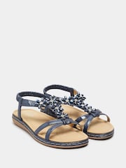 Yours Curve Navy Blue Glitter Extra Wide Fit Floral Diamante Studded Sandals - Image 4 of 5