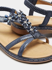 Yours Curve Navy Blue Glitter Extra Wide Fit Floral Diamante Studded Sandals - Image 5 of 5