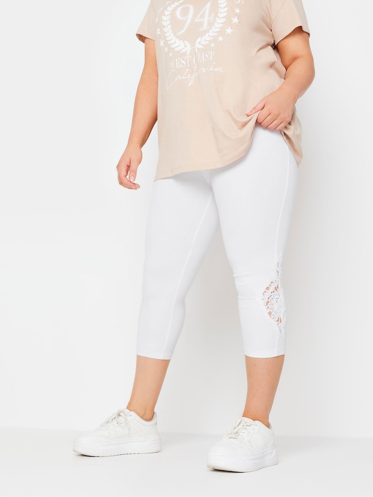 Yours Curve White Lace Stretched Cropped Leggings - Image 1 of 5