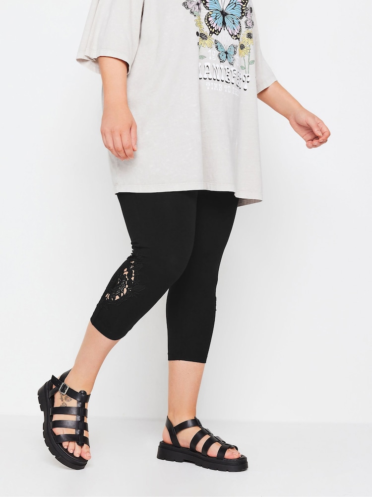 Yours Curve Black Lace Stretched Cropped Leggings - Image 1 of 5