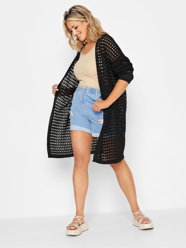 Yours Curve Black Midi Crochet Cardigan - Image 1 of 5