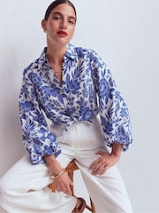 Boden Blue Puff Sleeve Linen Shirt - Image 1 of 7