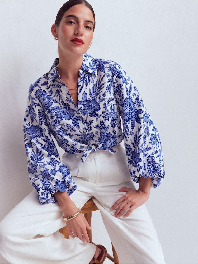 Boden Blue Puff Sleeve Linen Shirt - Image 1 of 7