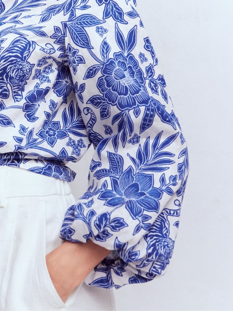 Boden Blue Puff Sleeve Linen Shirt - Image 2 of 7