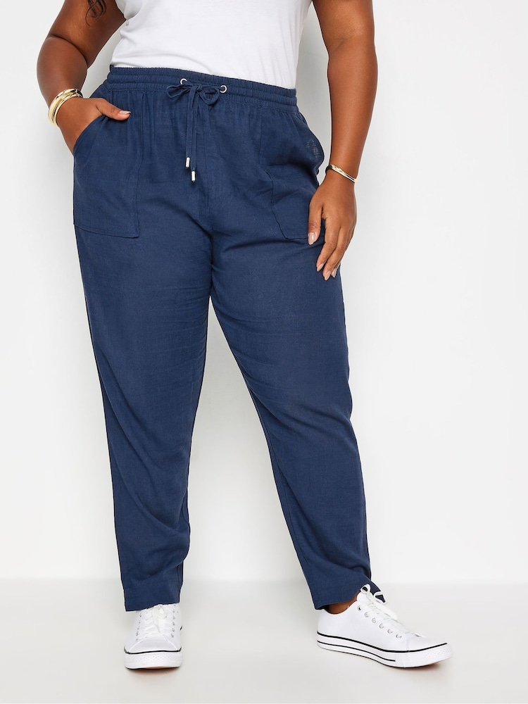 Yours Curve Blue Linen Viscose Joggers - Image 1 of 5