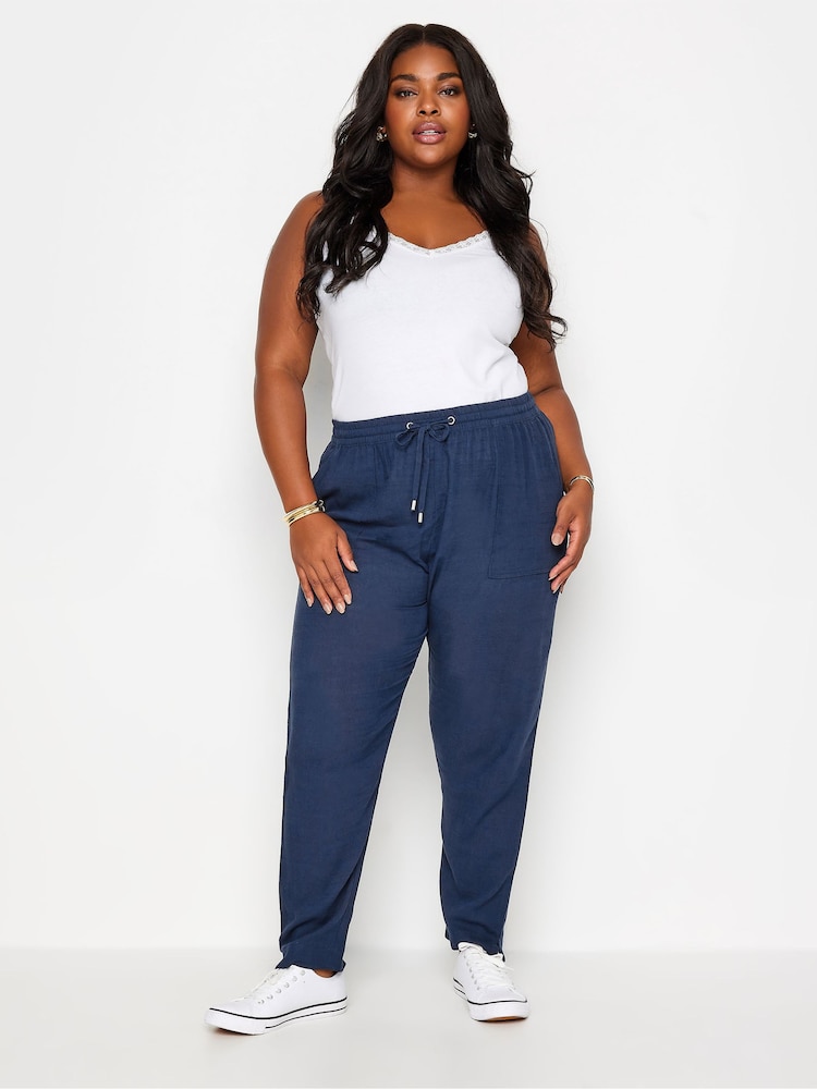 Yours Curve Blue Linen Viscose Joggers - Image 3 of 5