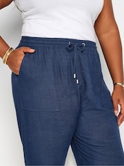 Yours Curve Blue Linen Viscose Joggers - Image 4 of 5