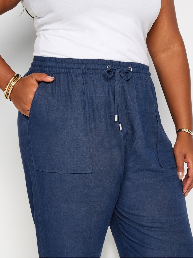 Yours Curve Blue Linen Viscose Joggers - Image 4 of 5