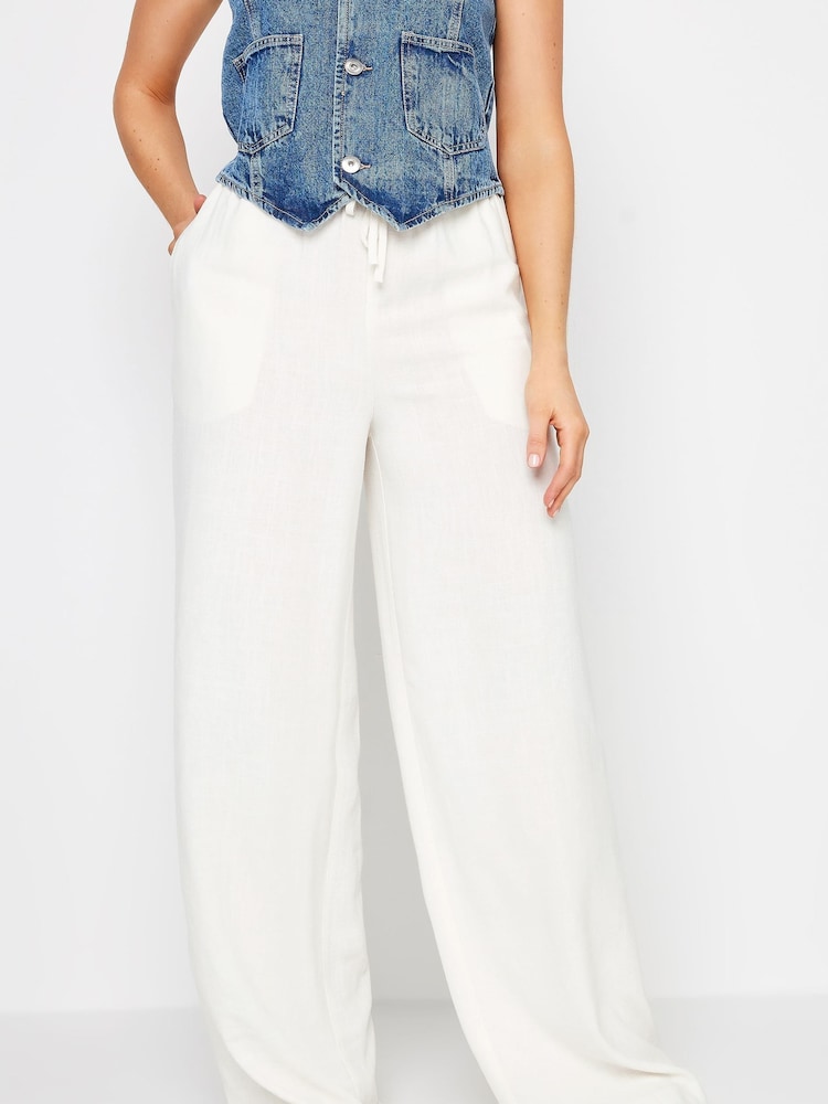 Long Tall Sally White Sand Linen Tie Waist Trousers - Image 1 of 4 Long Tall Sally White Sand Linen Tie Waist Trousers - Image 1 of 4