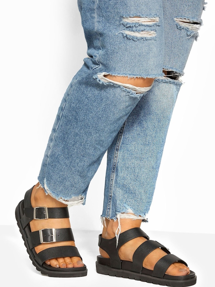 Yours Curve Black Wide Fit Lala Buckle Footbed Sandals - Image 1 of 5