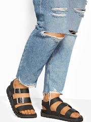 Yours Curve Black Extra Wide Fit Lala Buckle Footbed Sandals - Image 1 of 5