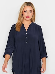 Yours Curve Blue Half Placket Jersey Blouse - Image 1 of 4