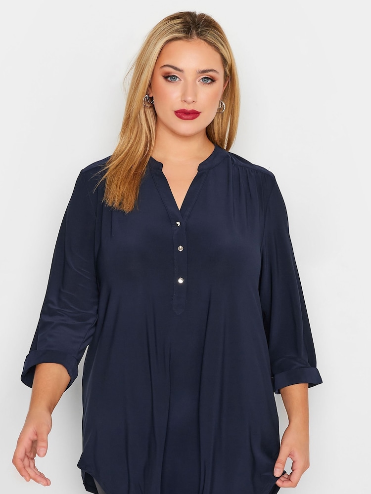 Yours Curve Blue Half Placket Jersey Blouse - Image 1 of 4