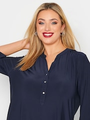 Yours Curve Blue Half Placket Jersey Blouse - Image 3 of 4
