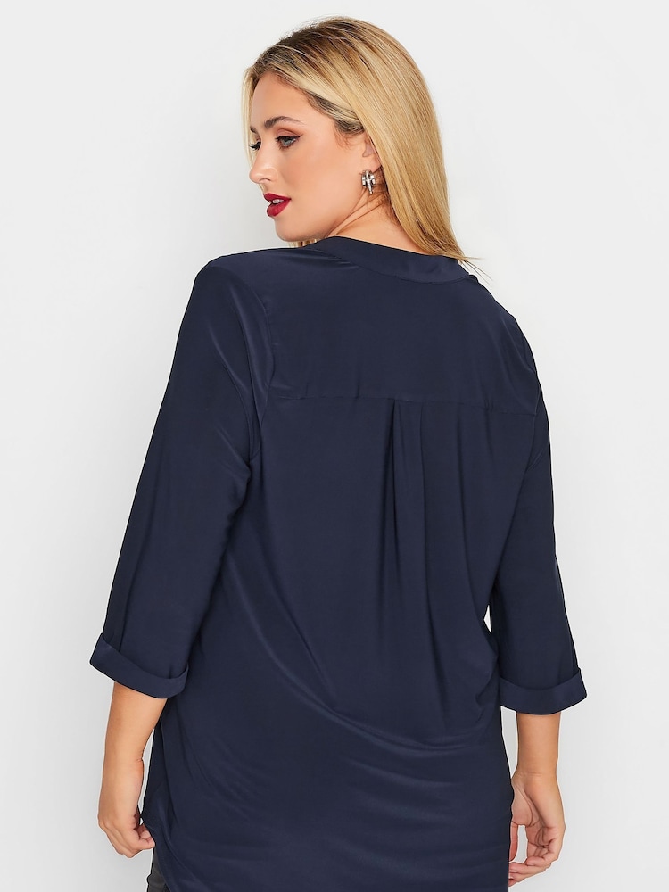 Yours Curve Blue Half Placket Jersey Blouse - Image 4 of 4