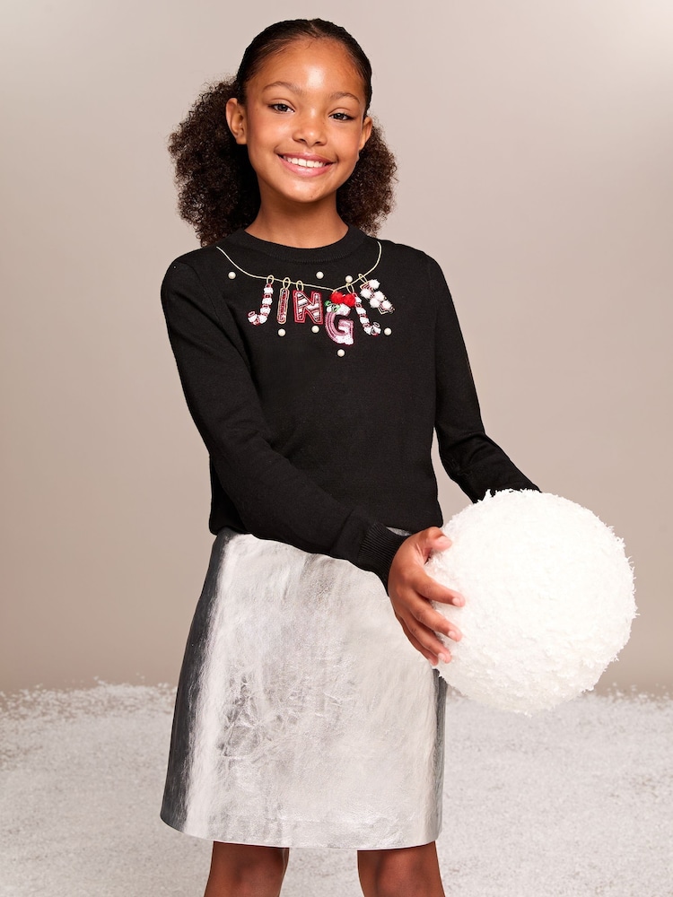 Lipsy Black Jingle Knitted Christmas Jumper (5-16yrs) - Image 2 of 4 Lipsy Black Jingle Knitted Christmas Jumper (5-16yrs) - Image 2 of 4