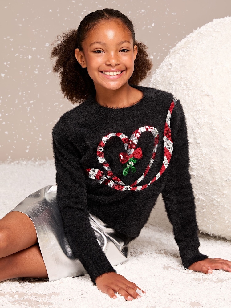 Lipsy Black Candy Cane Knitted Christmas Jumper (5-16yrs) - Image 1 of 4