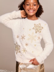 Lipsy Ivory White Snowflake Knitted Christmas Jumper (5-16yrs) - Image 4 of 4
