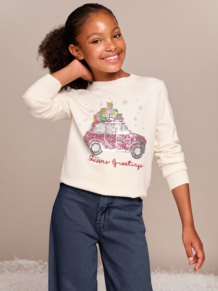 Lipsy Cream Car Knitted Christmas Jumper (5-16yrs) - Image 1 of 4 Lipsy Cream Car Knitted Christmas Jumper (5-16yrs) - Image 1 of 4