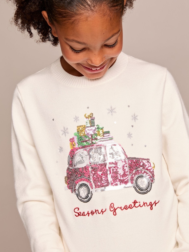 Lipsy Cream Car Knitted Christmas Jumper (5-16yrs) - Image 4 of 4